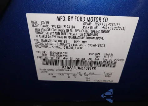 2021 Ford Ecosport S z USA, uszkodzony, nr VIN MAJ6S3FL3MC409188